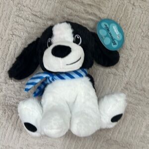 NWT black white dog puppy plush sitting with blue scarf 9”